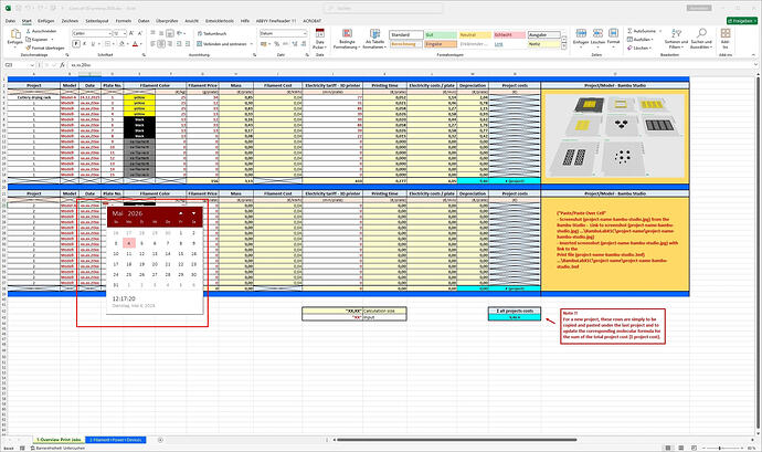 01-Excel spreadsheet - 3D printing costs - settings - print date