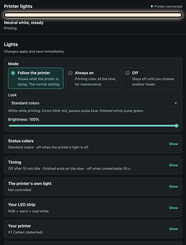 The ReBLLED setup page during a print: a status card reading Printing, then the mode, look and brightness settings, with the other sections folded below