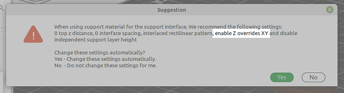 dialogue box for using support material interface