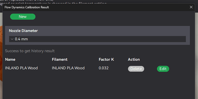 calibration window showing K factor