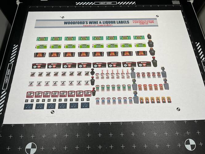 Labels with marks on bed before cutting
